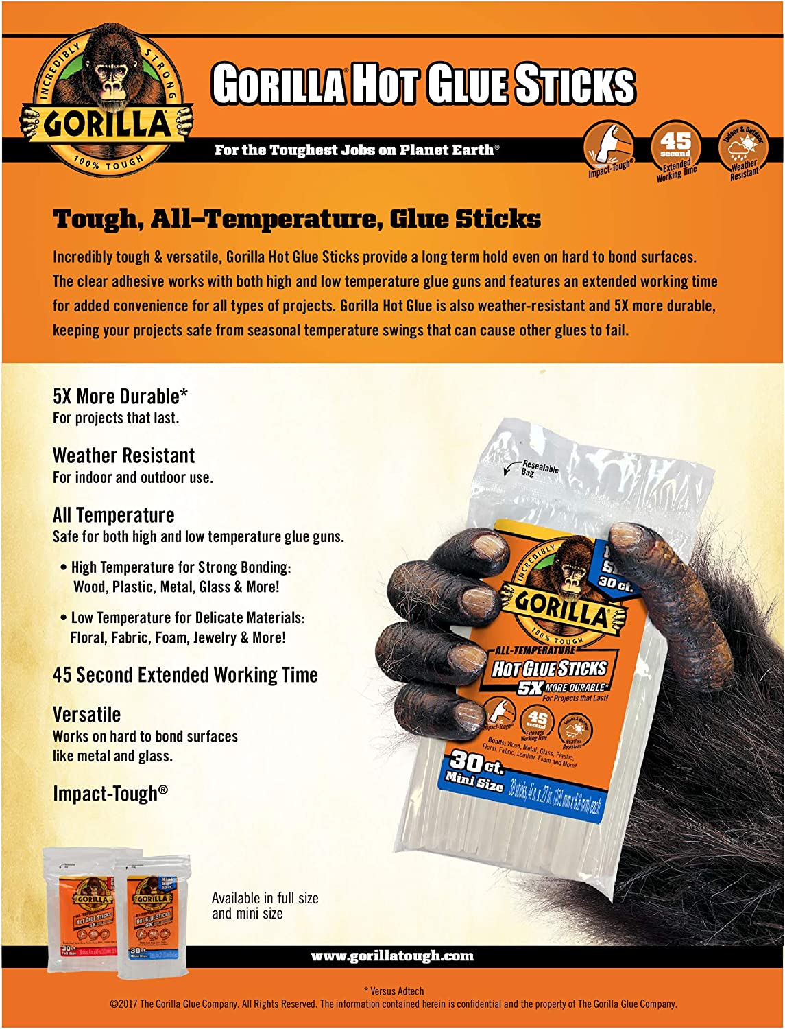 12 packs Gorilla 3023003 Hot Glue Sticks 4 In. Mini Size, 30Count bags